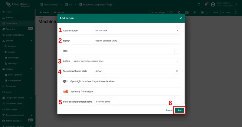 Add action dialog — On row click, Update current dashboard state, Selected Entity parameter