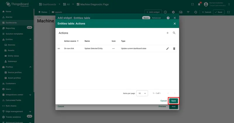Actions list showing the configured On row click action with Save button highlighted