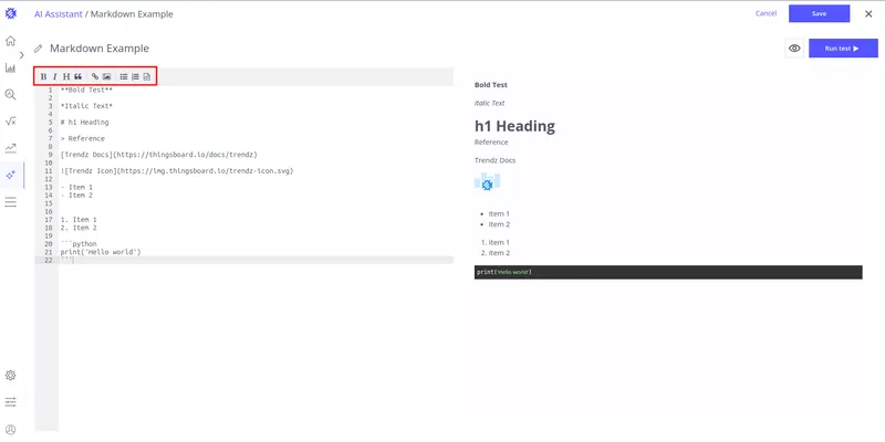 Prompt editor toolbar showing formatting shortcuts