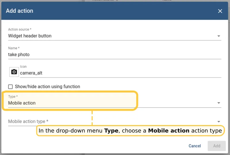 Open widget actions tab