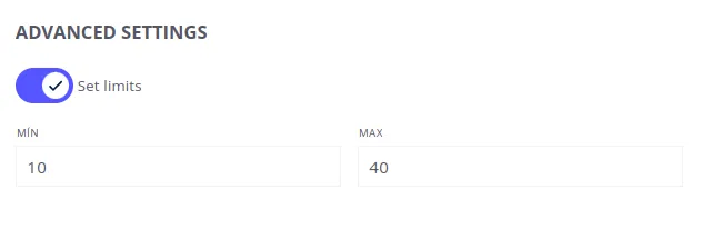 Advanced settings with Set Limits enabled and min/max fields configured
