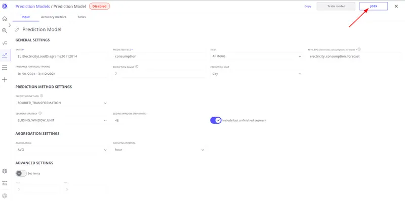 JOBS button in the upper-right corner of the prediction model view