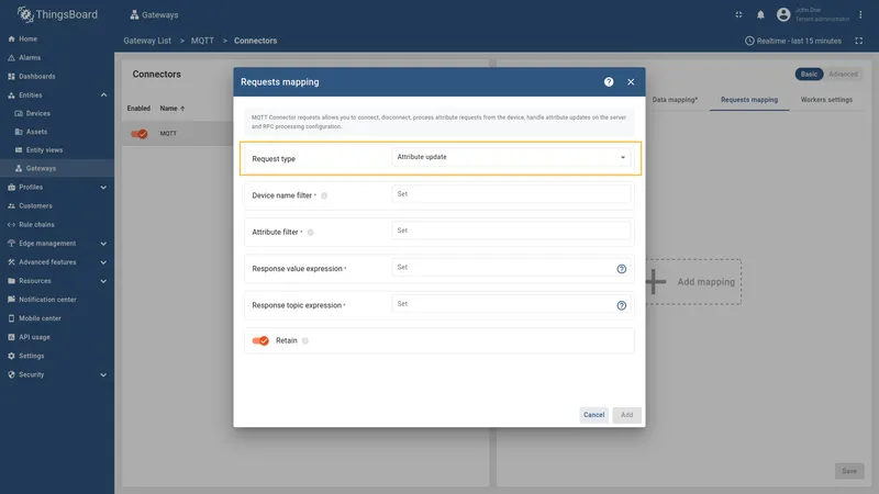 Select Attribute update type and enter Device name filter