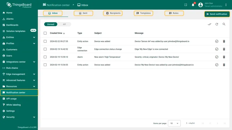 Notification center — sidebar navigation and main view