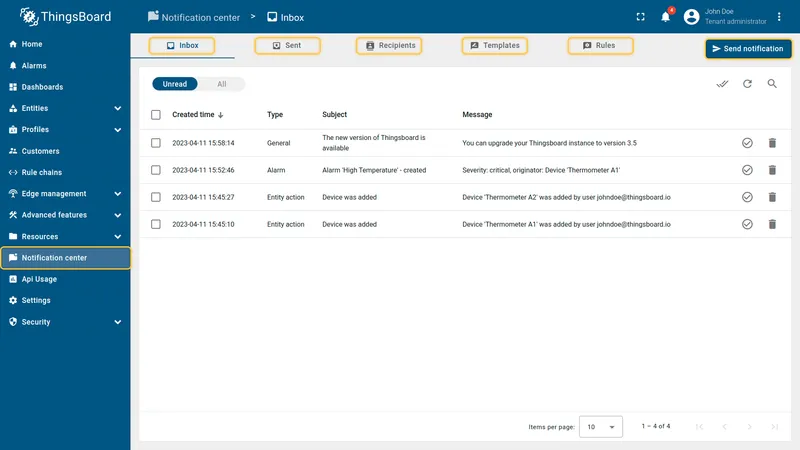 Notification center — sidebar navigation and main view