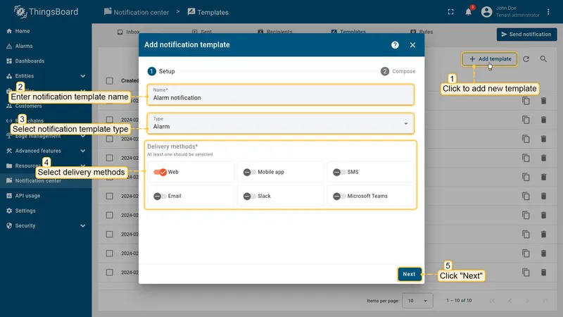Add notification template — Setup step