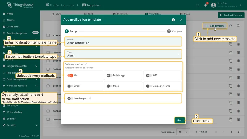 Add notification template — Setup step