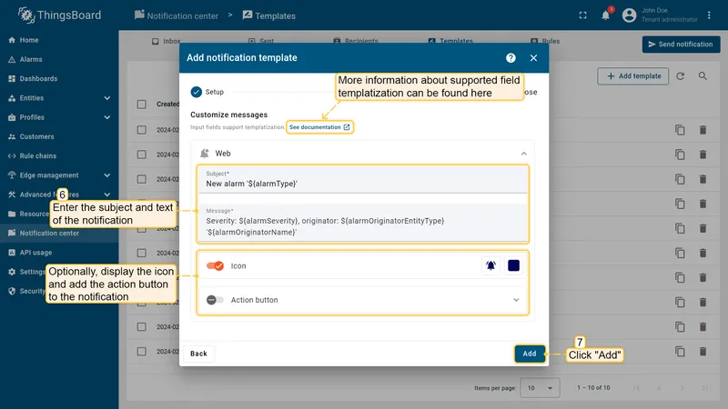 Add notification template — Compose step