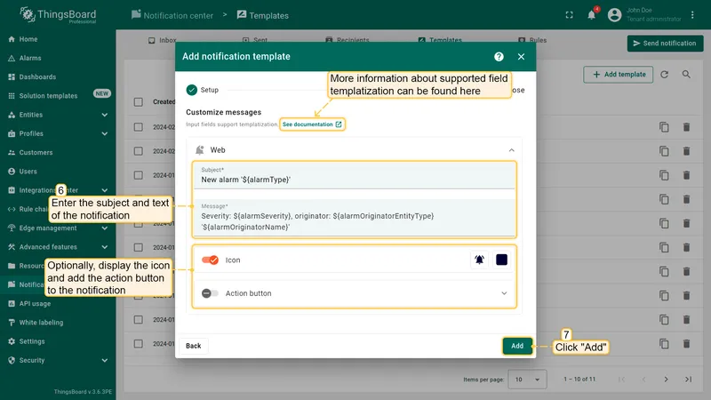 Add notification template — Compose step