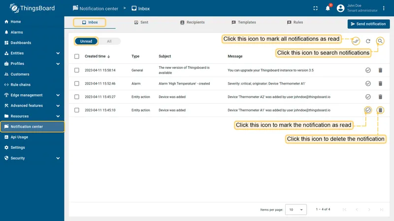 Inbox tab — received notifications with mark as read and delete actions
