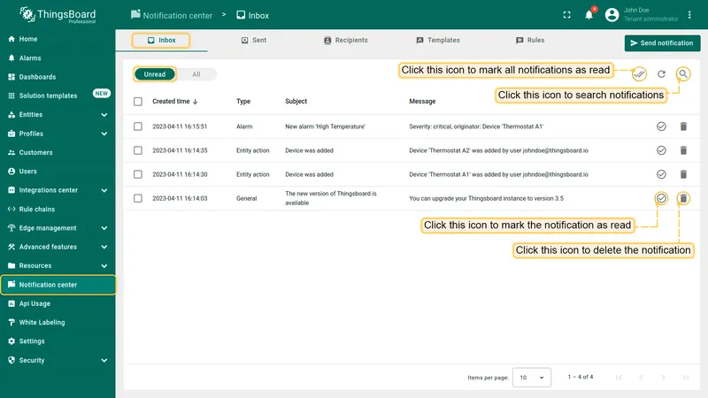 Inbox tab — received notifications with mark as read and delete actions