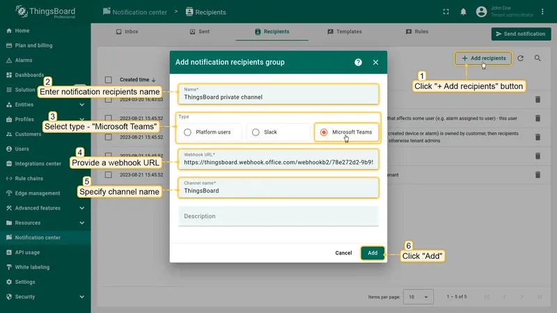 Microsoft Teams recipient configuration