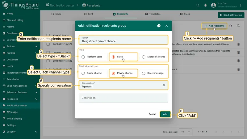 Slack recipient configuration