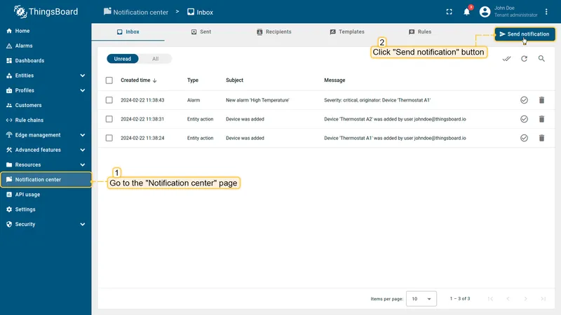 Notification center — click Send notification button