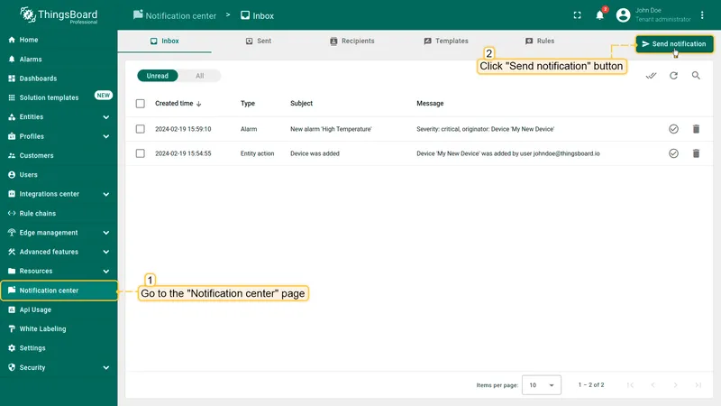 Notification center — click Send notification button