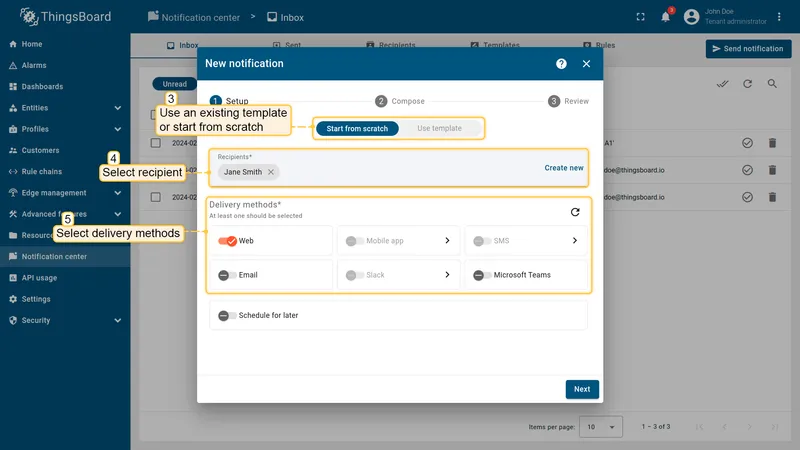 Send notification wizard — select recipients and delivery methods