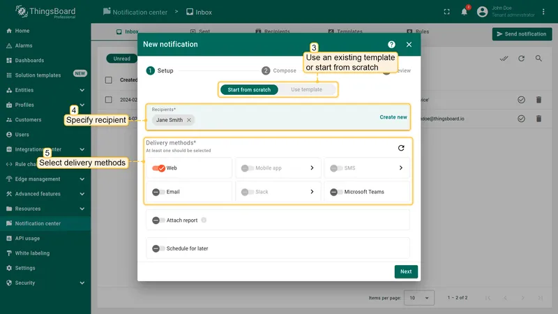 Send notification wizard — select recipients and delivery methods