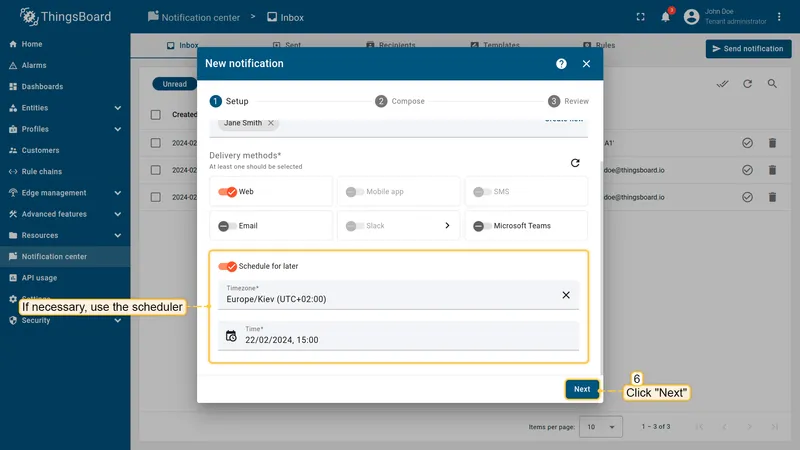 Send notification wizard — schedule the notification