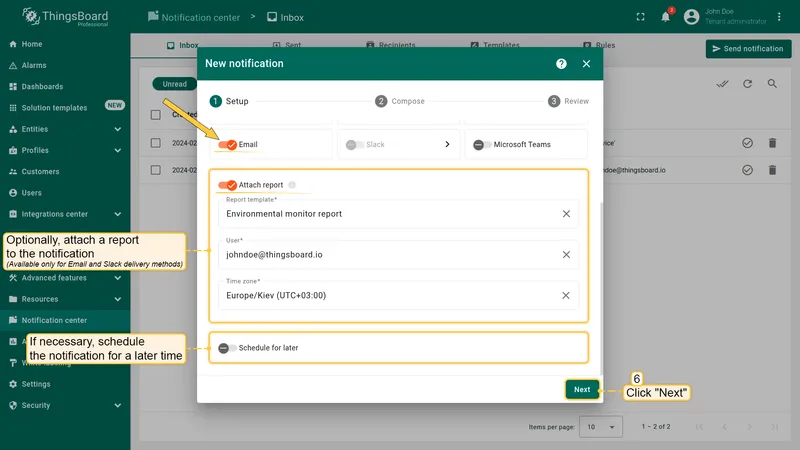 Send notification wizard — schedule the notification