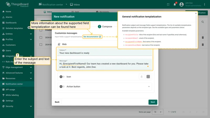 Send notification wizard — compose subject and message