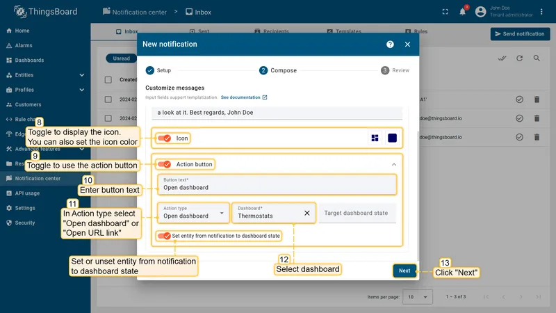 Send notification wizard — add action button to Web notification