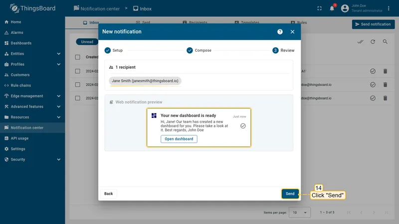 Send notification wizard — review and send