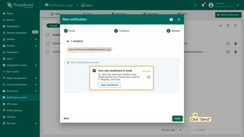 Send notification wizard — review and send