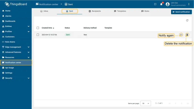 Sent tab — notification list with Notify again and Delete actions