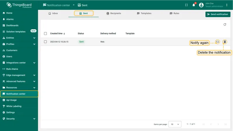 Sent tab — notification list with Notify again and Delete actions
