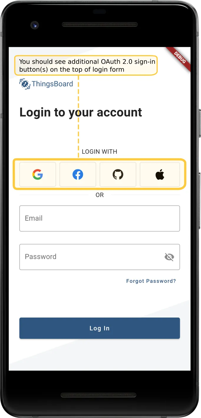 OAuth 2.0 sign-in buttons on login screen