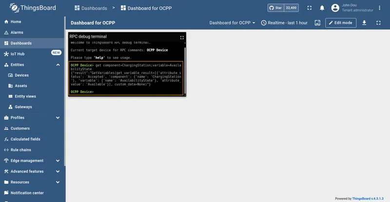 OCPP GET RPC result showing the Charging Station availability state