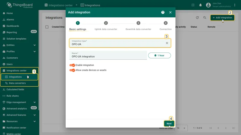 Add integration wizard — Basic settings: Integration type set to OPC-UA