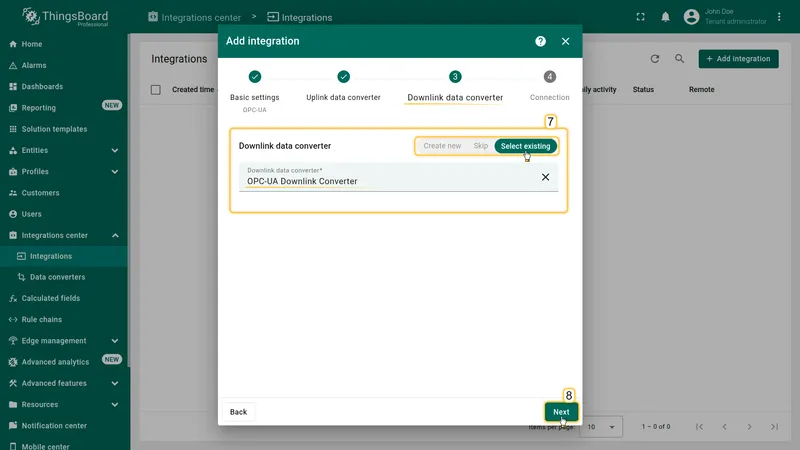 Add integration wizard — Downlink data converter: OPC-UA Downlink Converter selected via Select existing