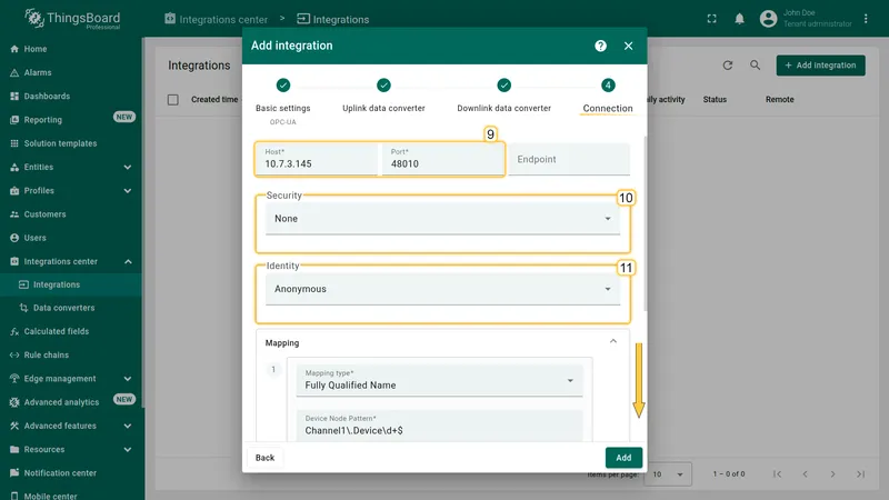 Add integration wizard — Connection step: Host and Port (9), Security set to None (10), Identity set to Anonymous (11); Mapping section visible below