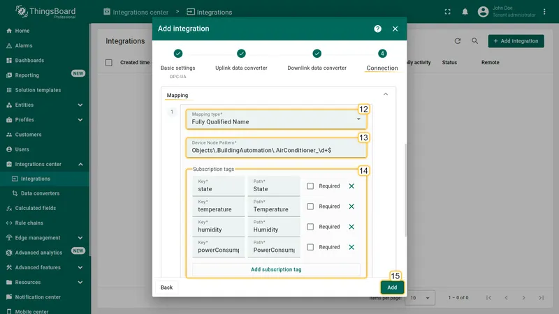 Add integration wizard — Mapping section: Mapping type Fully Qualified Name (12), Device Node Pattern regex (13), subscription tags state/temperature/humidity/powerConsumption (14), Add button (15)