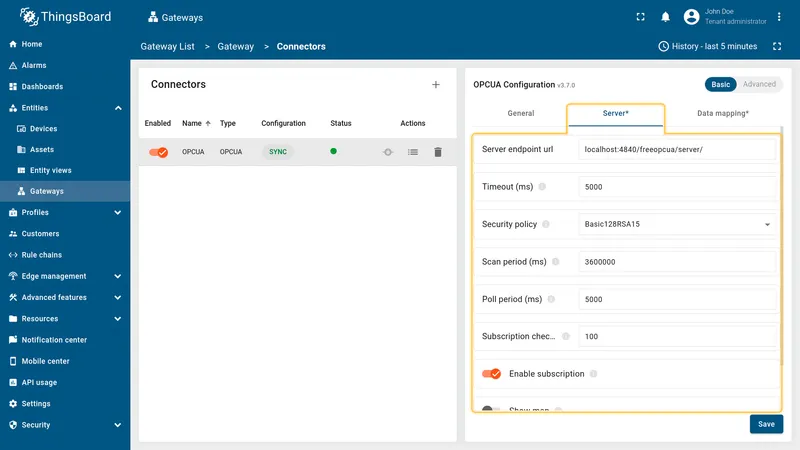 OPC-UA server connection settings