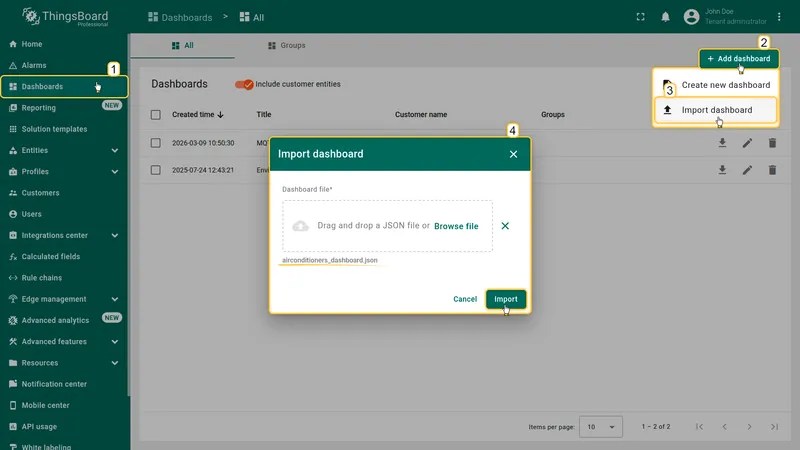 Dashboards page — Import dashboard dialog with airconditioners_dashboard.json