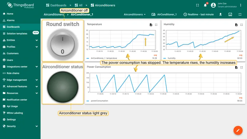 AirConditioner_1 details page — status light grey, temperature and humidity rising, power consumption stopped