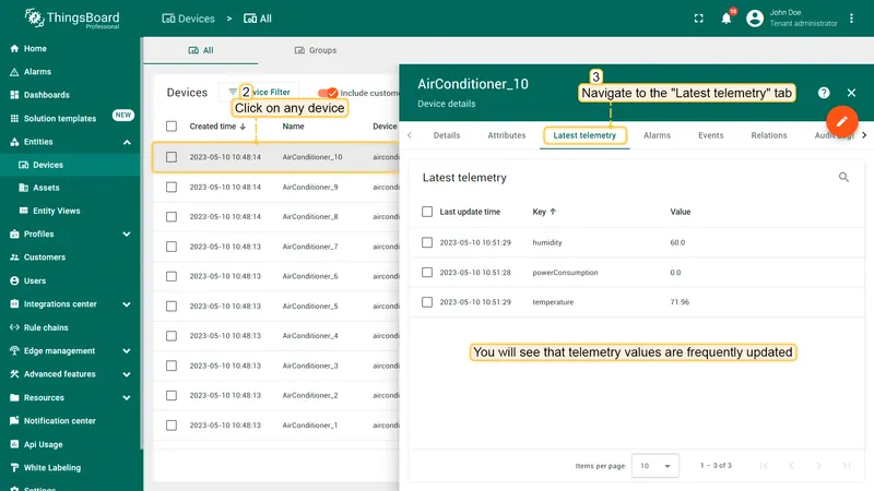AirConditioner device details — Latest telemetry tab with incoming values