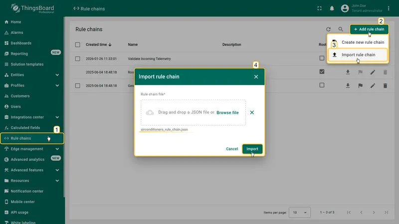 Rule chains — Import rule chain dialog with airconditioners_rule_chain.json dropped in
