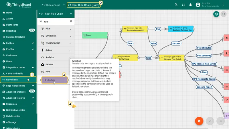 Root Rule Chain — searching for "rule chain" node type in the node panel