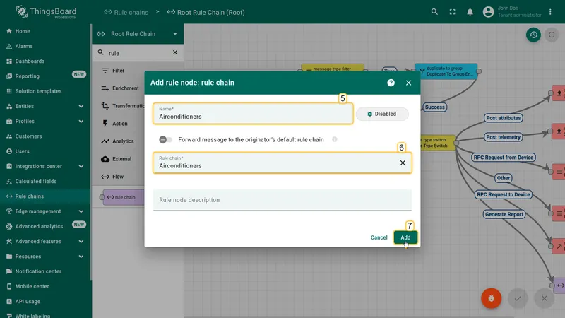 Add rule node dialog — Name set to Airconditioners (5), Rule chain set to Airconditioners (6), Add button (7)