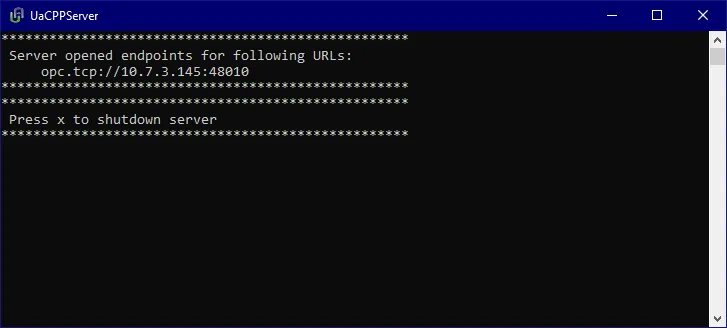 UaCPPServer console showing endpoint URLs