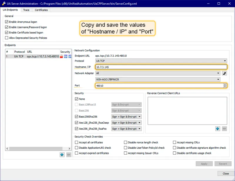 UA Admin Dialog — hostname and port configuration