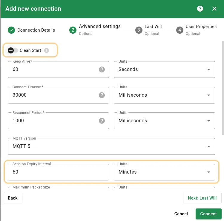 Step 1: configure persistent session settings and connect