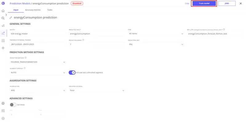 Input tab configuration for the energy consumption forecast model