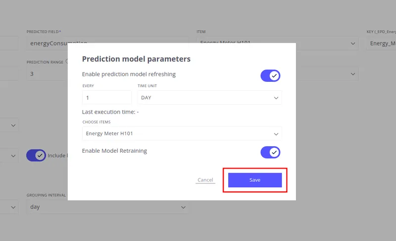 Prediction Model Parameters modal with refresh and retraining options configured
