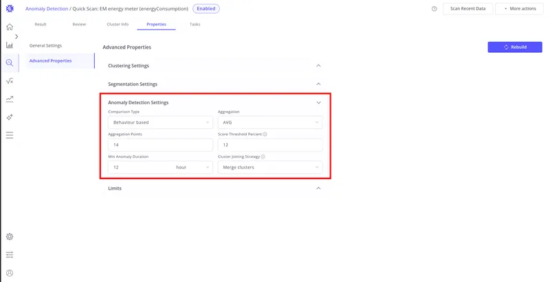 Anomaly Detection Settings panel with Feature-based comparison type selected