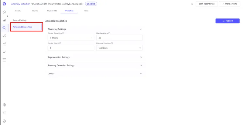 General Settings panel with entity and telemetry field selection highlighted