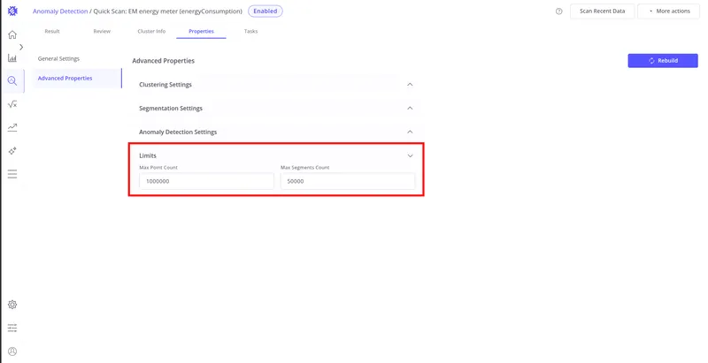 Limits settings panel showing Max Point Count and Max Segments Count fields